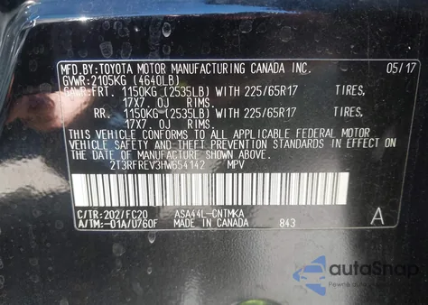 2017 Toyota Rav4 Xle из США, поврежденный, VIN 2T3RFREV3HW654142